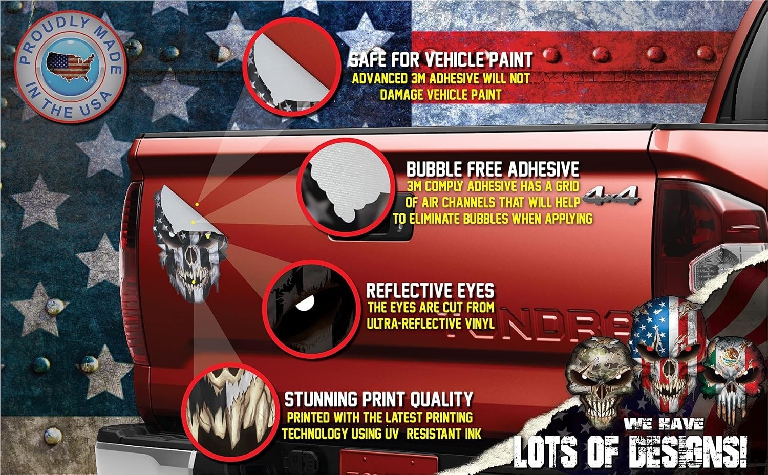 Hand-Drawn American Flag Skull Vinyl Sticker – Reflective Eyes & Durable Design