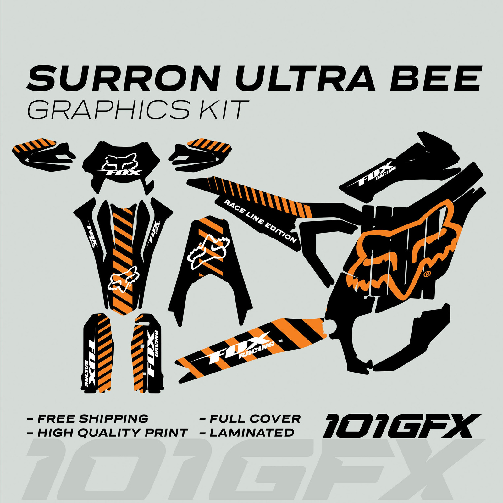 Surron Ultra Bee Graphics Kit FOX RACE LINE Black Orange Decals Stickers