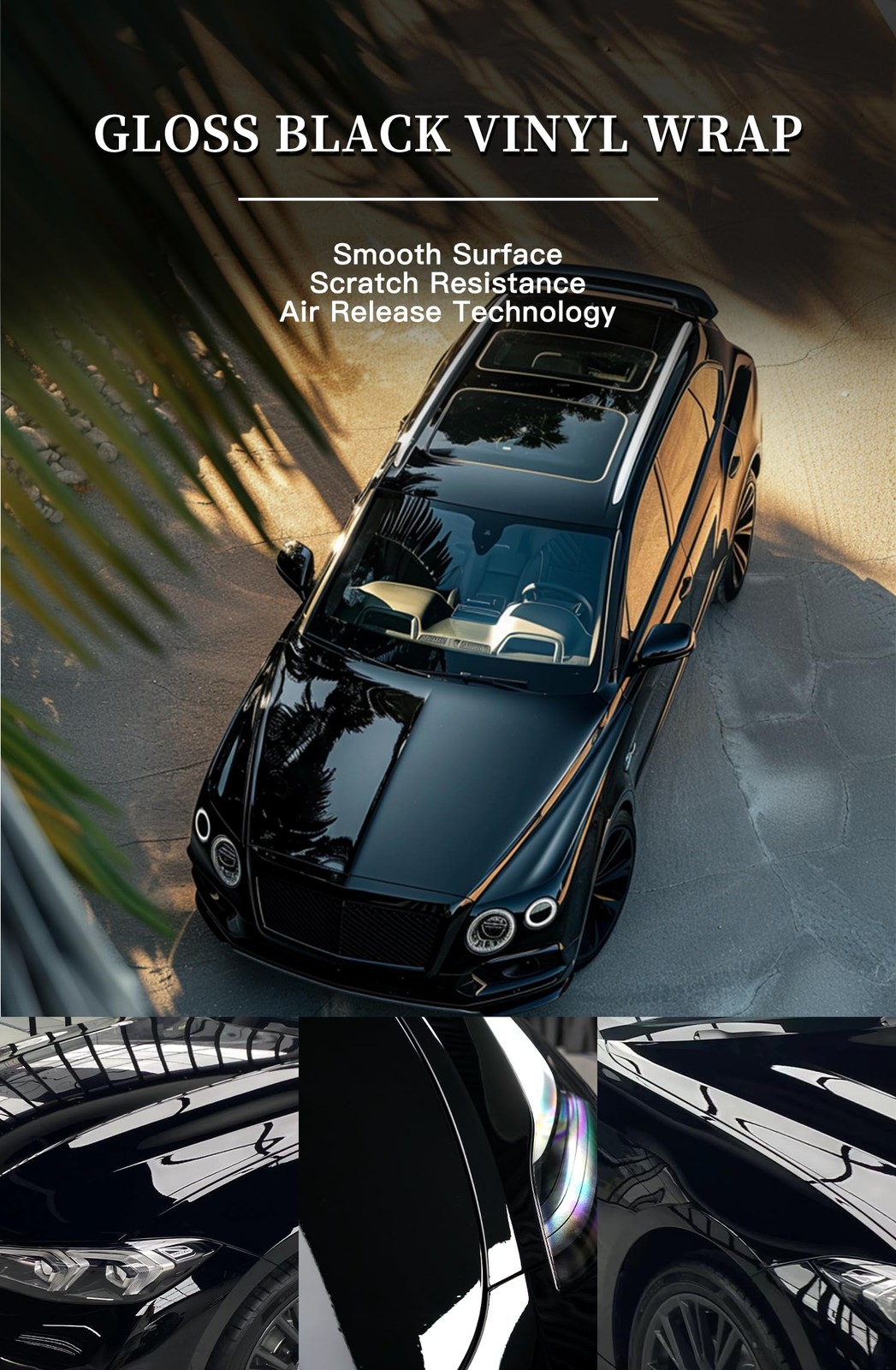 Vinyl Car Wrap 1ft x 5ft Gloss Black, Scratch Resistant, Air Release