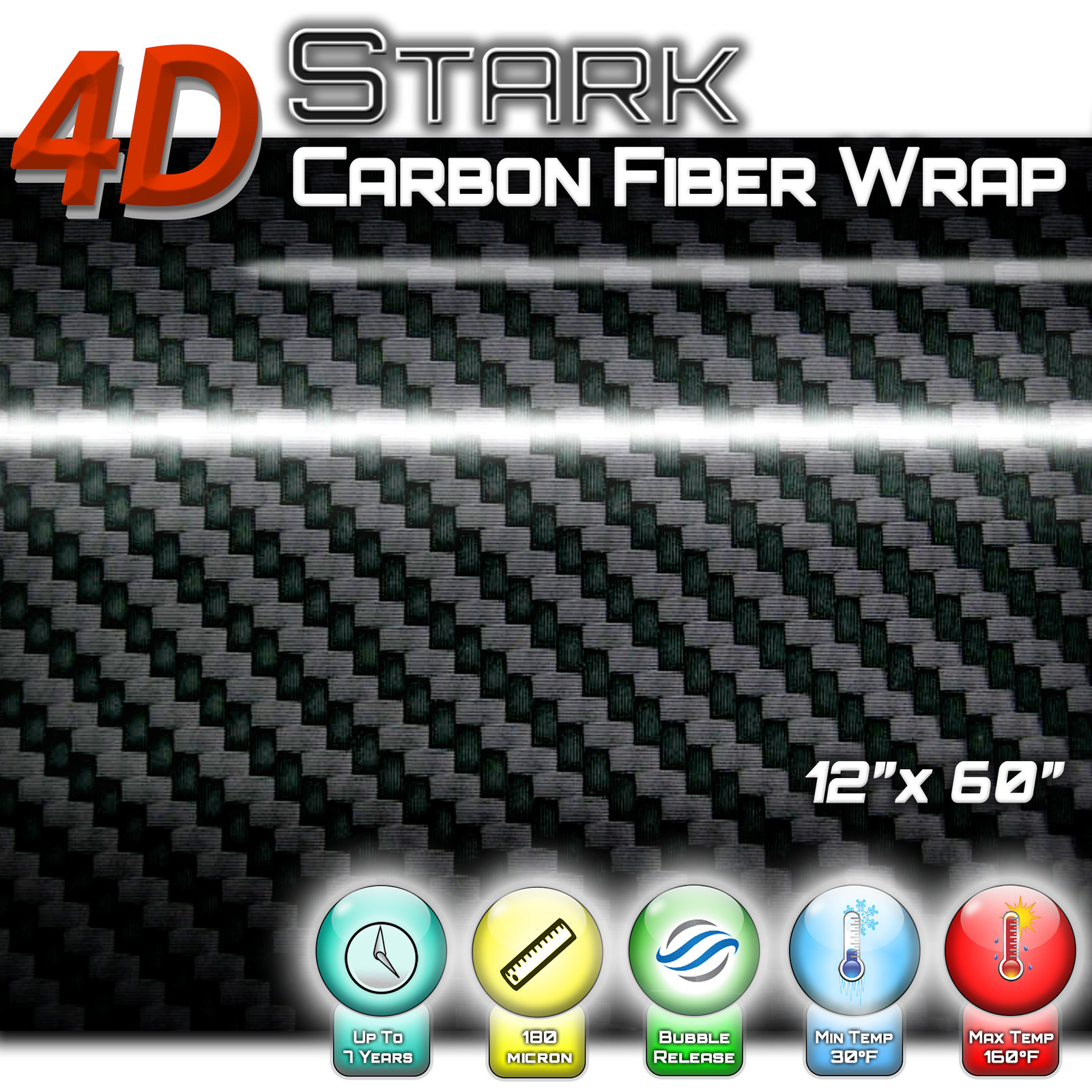 4D Premium Black Carbon Fiber Vinyl Wrap Bubble Free Air Release – 12″ x 60″
