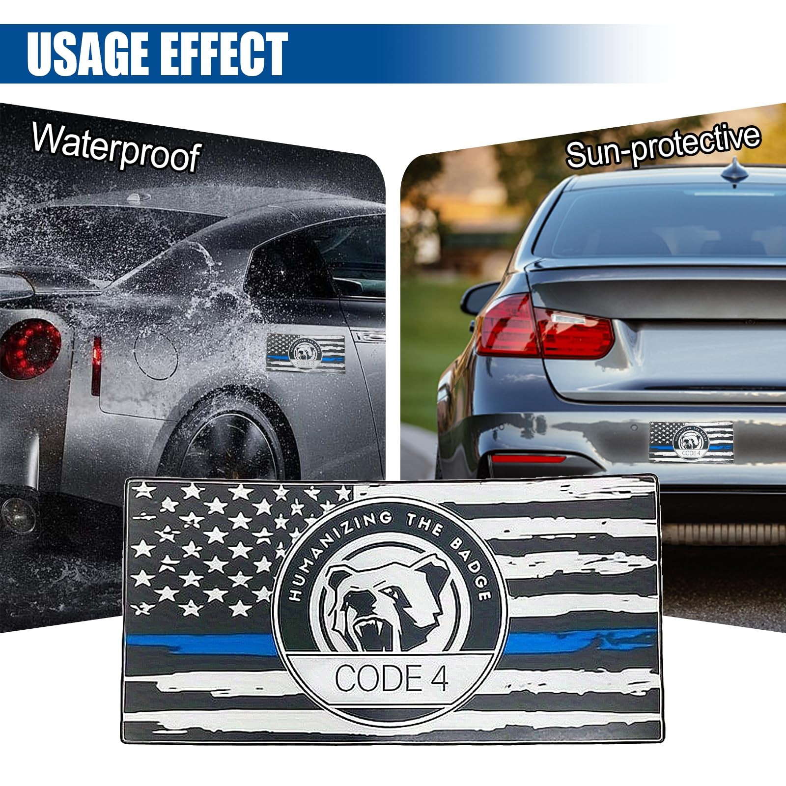 ZIMISI Thin Blue Line Sticker Code 4, Vinyl Bumper Car 2PCS, Black&blue&white