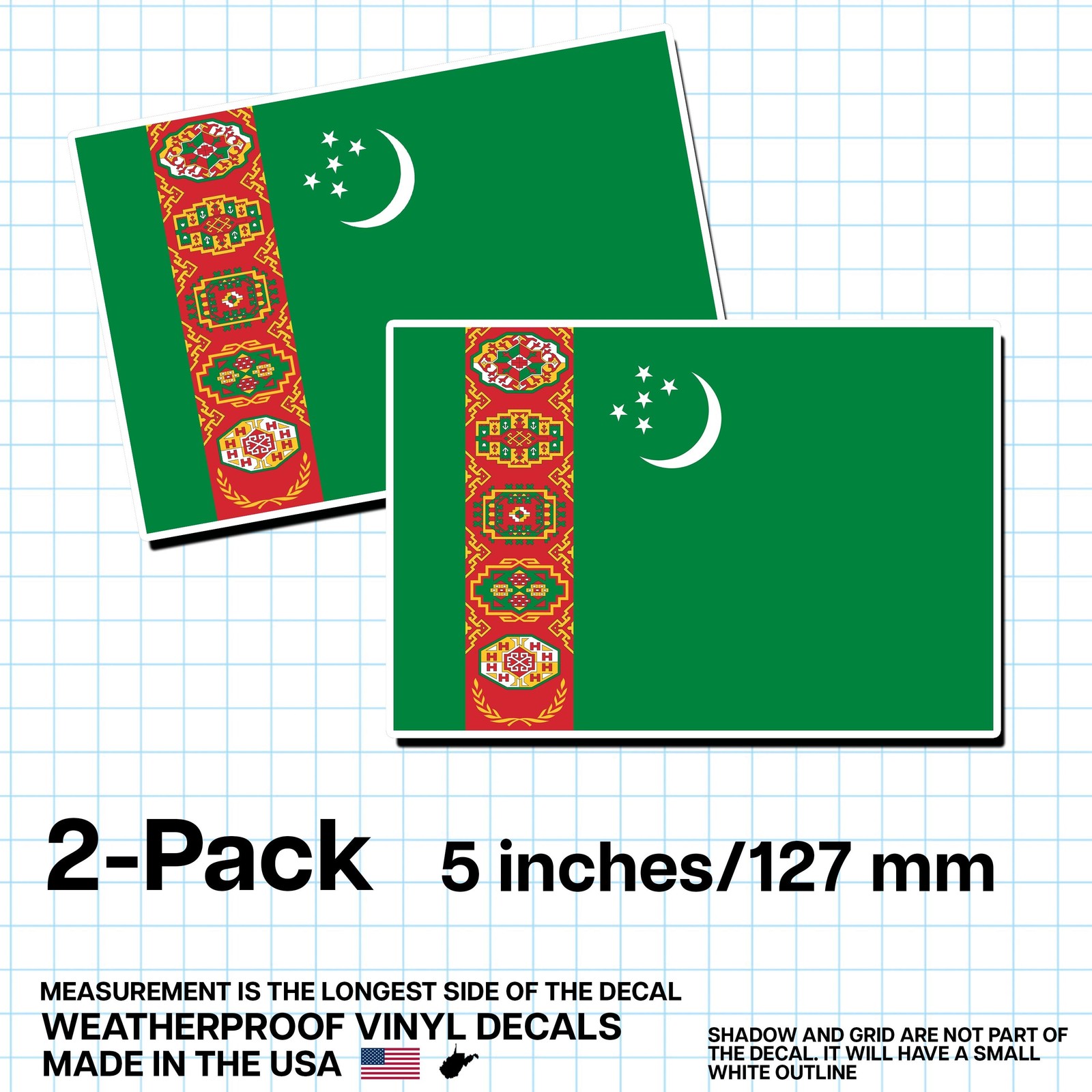 Turkmenistan Flag Sticker 5″ 2-Pack – TM Decal – Turkmen Pride Vinyl