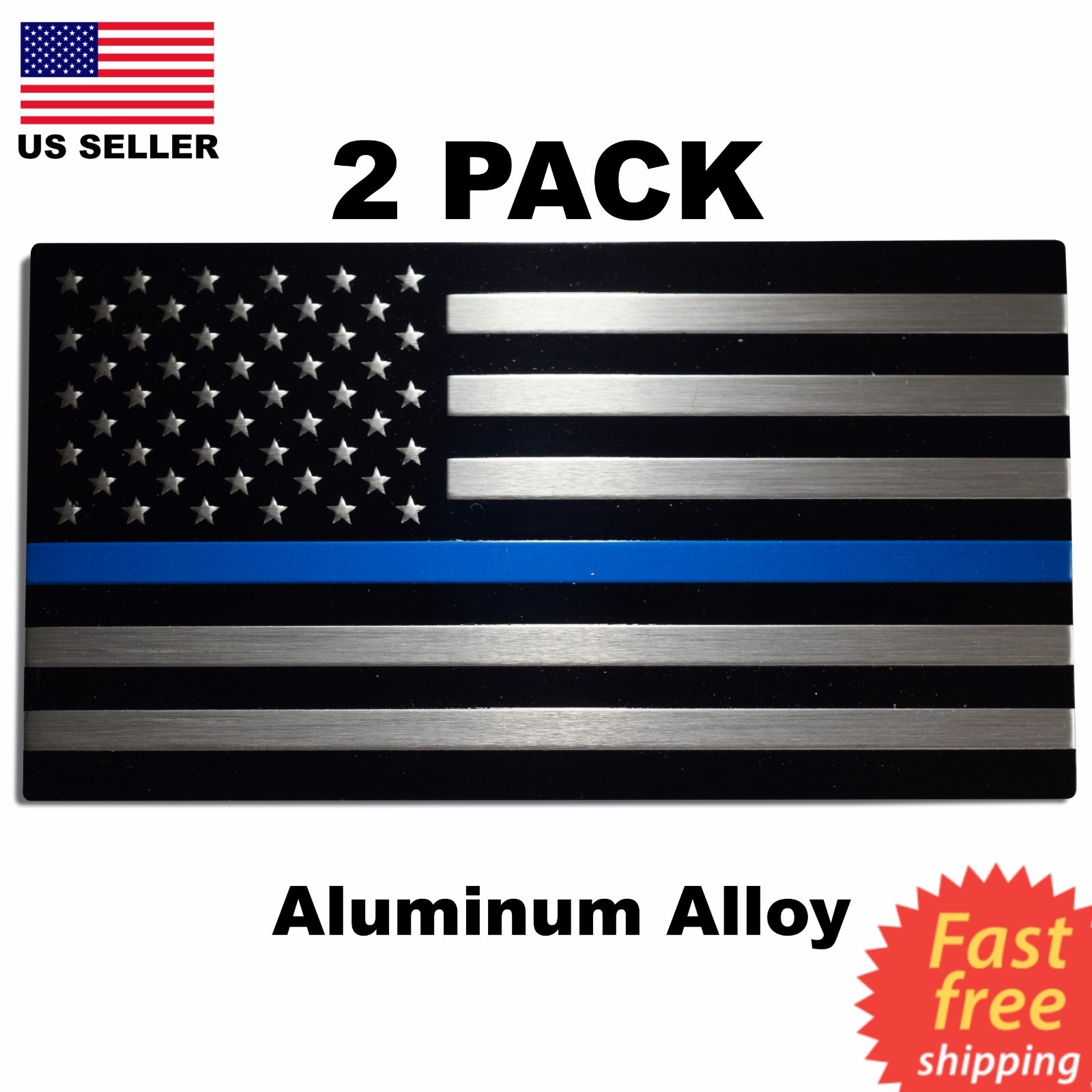 2 PACK ALUMINUM Police Officer Emblem Thin Blue Line American Flag Decal Sticker