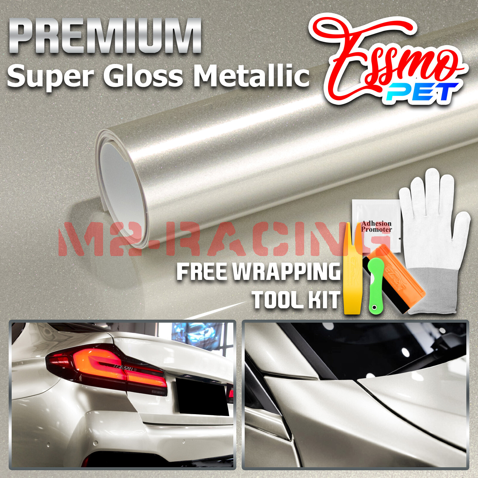 ESSMO PET Super Gloss Metallic Platinum Silver Car Vinyl Wrap Decal Like Paint