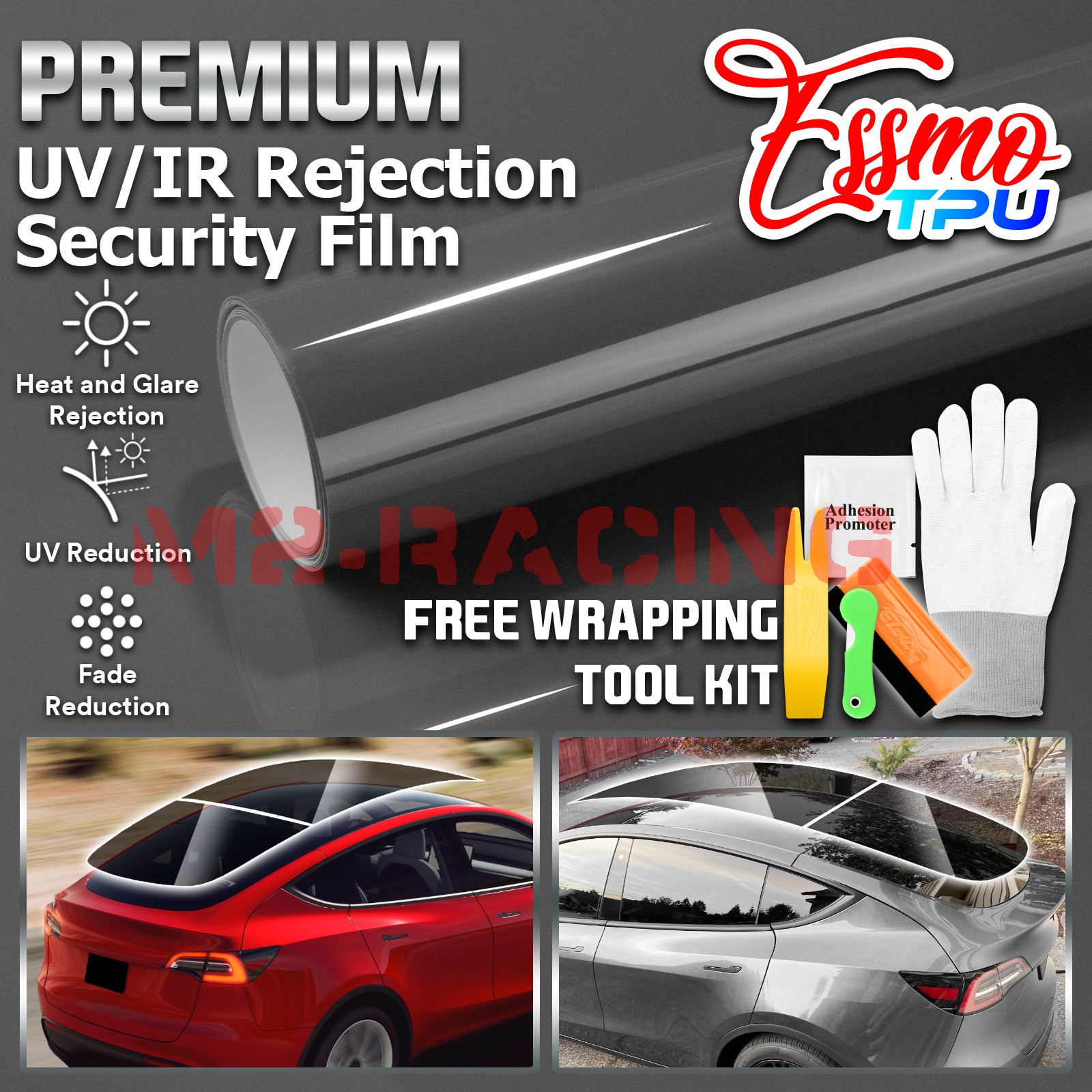 TPU Essmo Security Black Smoke Glass Sunroof VLT70% UV99% Windshield Sunshade