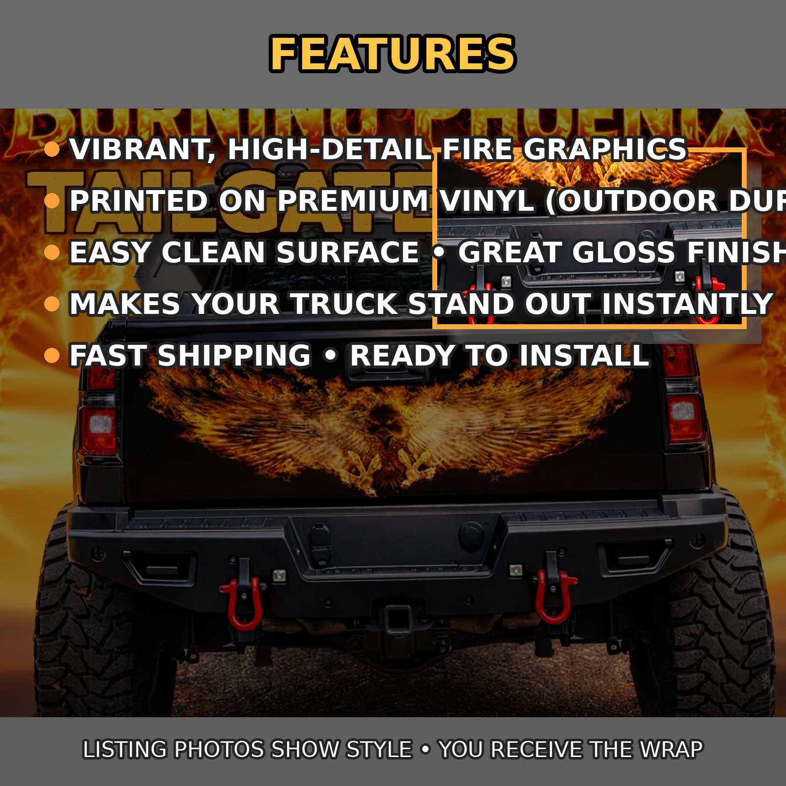 Tailgate Wrap BURNING PHOENIX Vinyl Decal Universal Fit – Truck Back Graphic