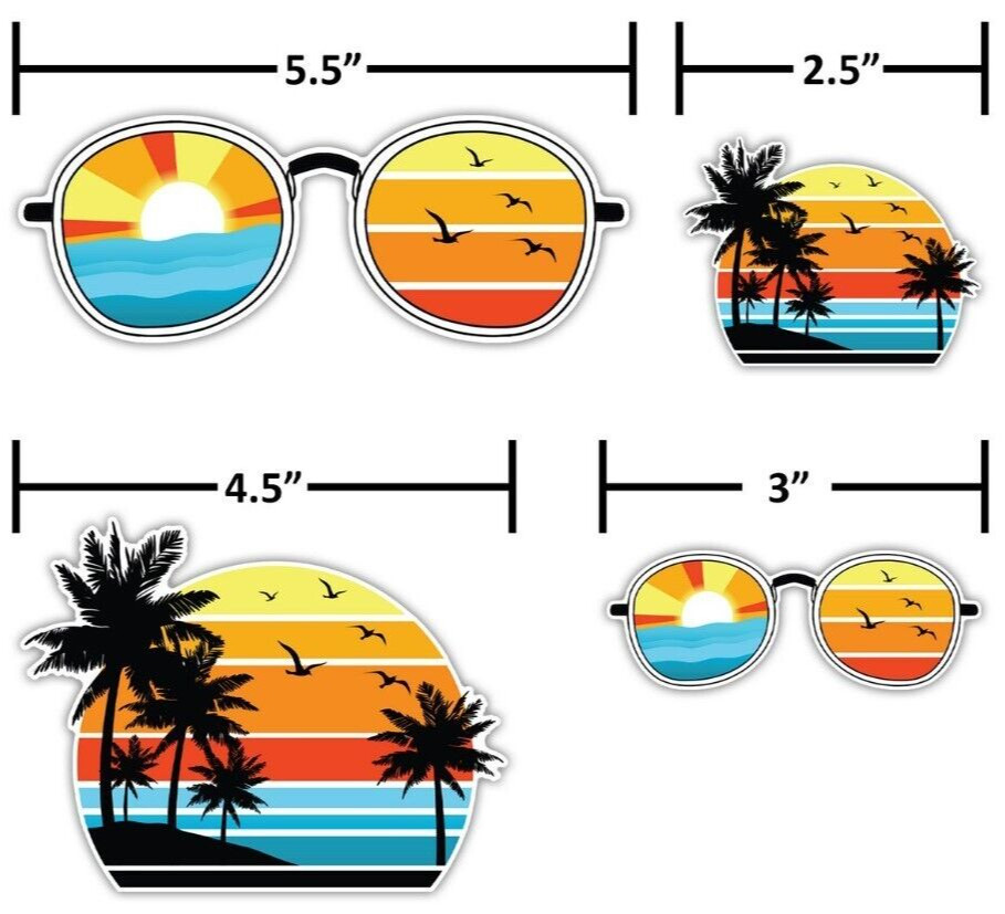 NEW Auto Drive Beach + Palm Trees / Sunglasses 4 Decals Easy Install 3″ to 5.5″