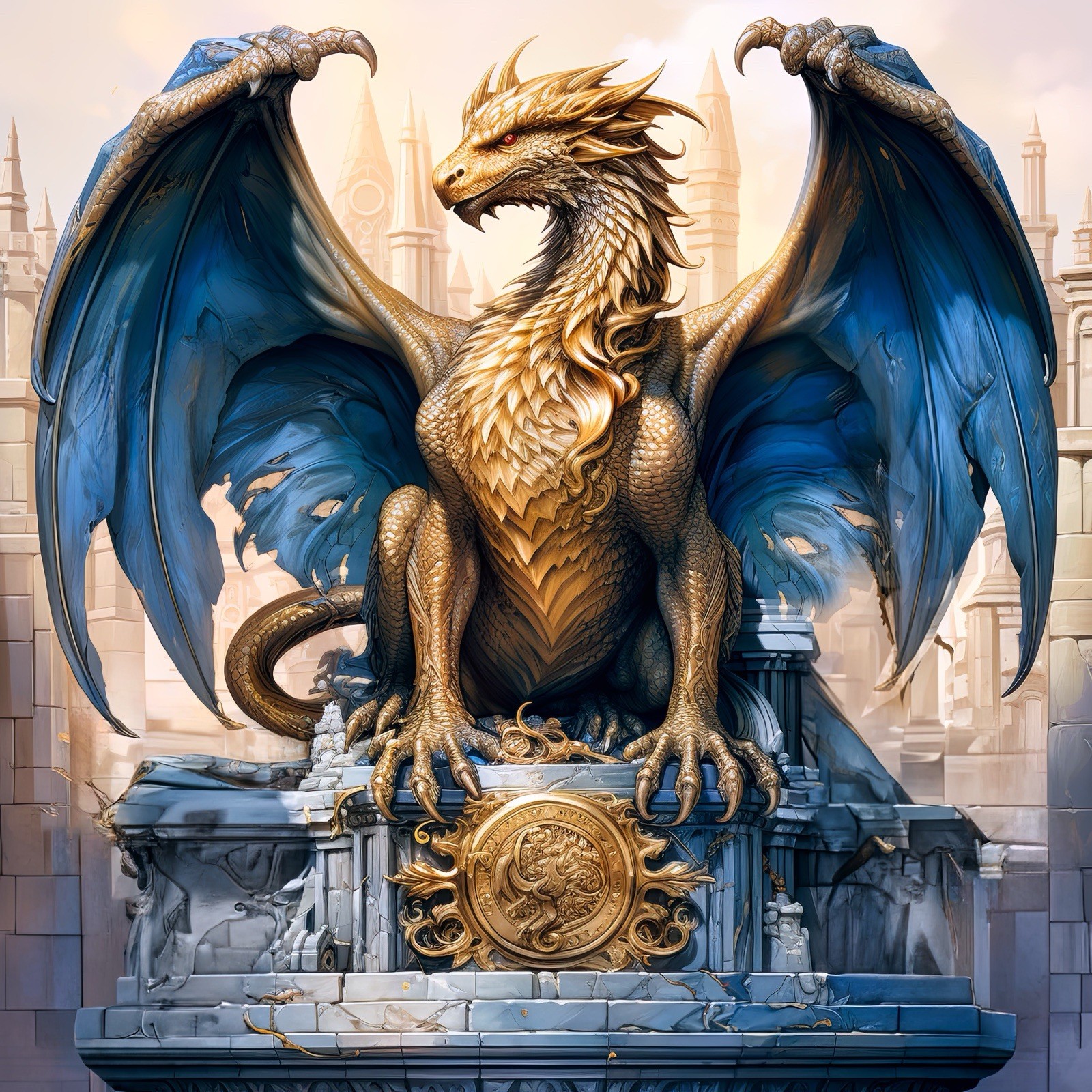Fantasy Sticker (3 Inch) Brilliant Mystical Dragon Gold Pedestal Symbolism !