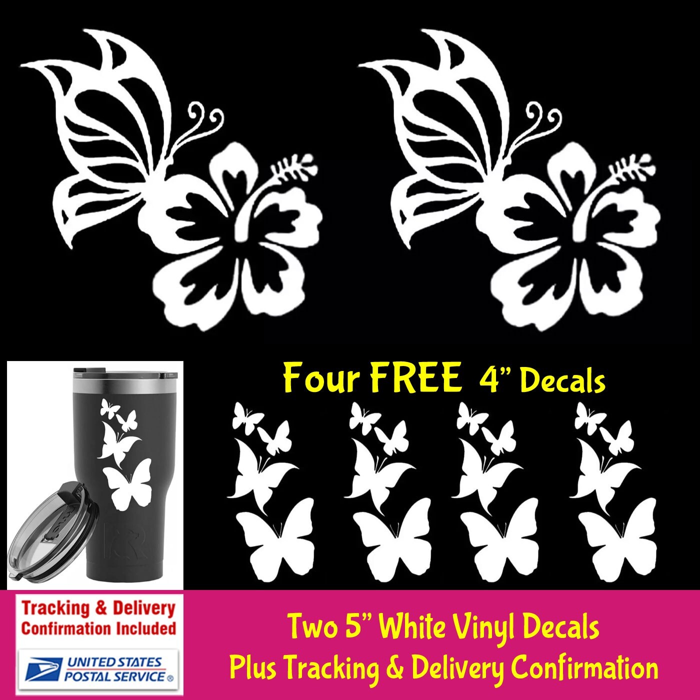 Butterfly – Hibiscus White Graphic Vinyl Decal Car Truck Windows laptop notebook