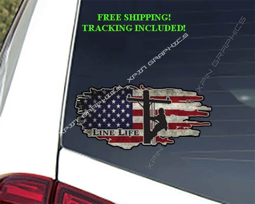 (2) Line Life Lineman USA Flag Vinyl Decal Sticker Electrician Pole Worker #B