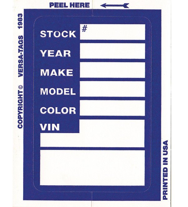 Car Dealer Inventory Stock Sticker Kleer Bak Versa Tag 100 pk 3″ X 4″
