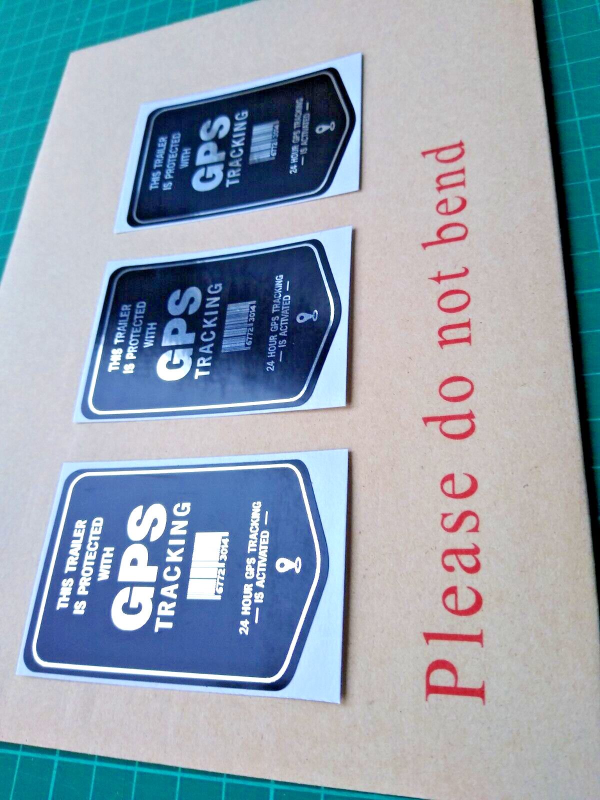 3 x Trailer GPS Tracking Stickers – Polished Mirror Silver & Black Security
