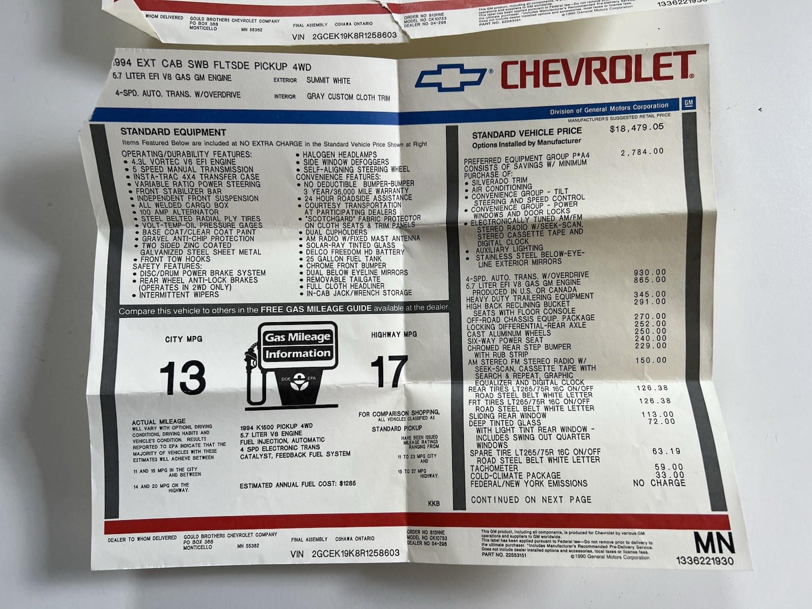 1994 EXT CAB SILVERADO 4X4 5.7 WHITE OFF ROAD CHEVROLET DEALER WINDOW STICKER