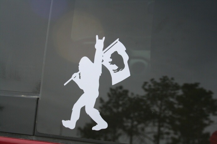 Bigfoot Holding Wyoming state Flag die-cut sticker, Buy 2 get 1 FREE
