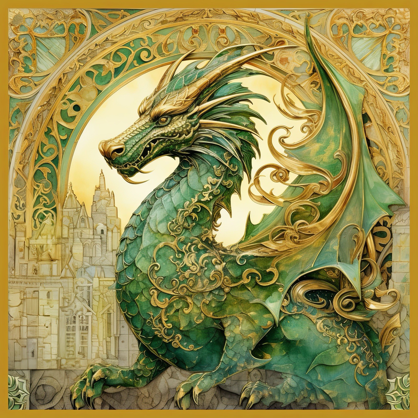 Fantasy Sticker (3 Inch) Brilliant Mystical Gold And Green Dragon Symbolism !