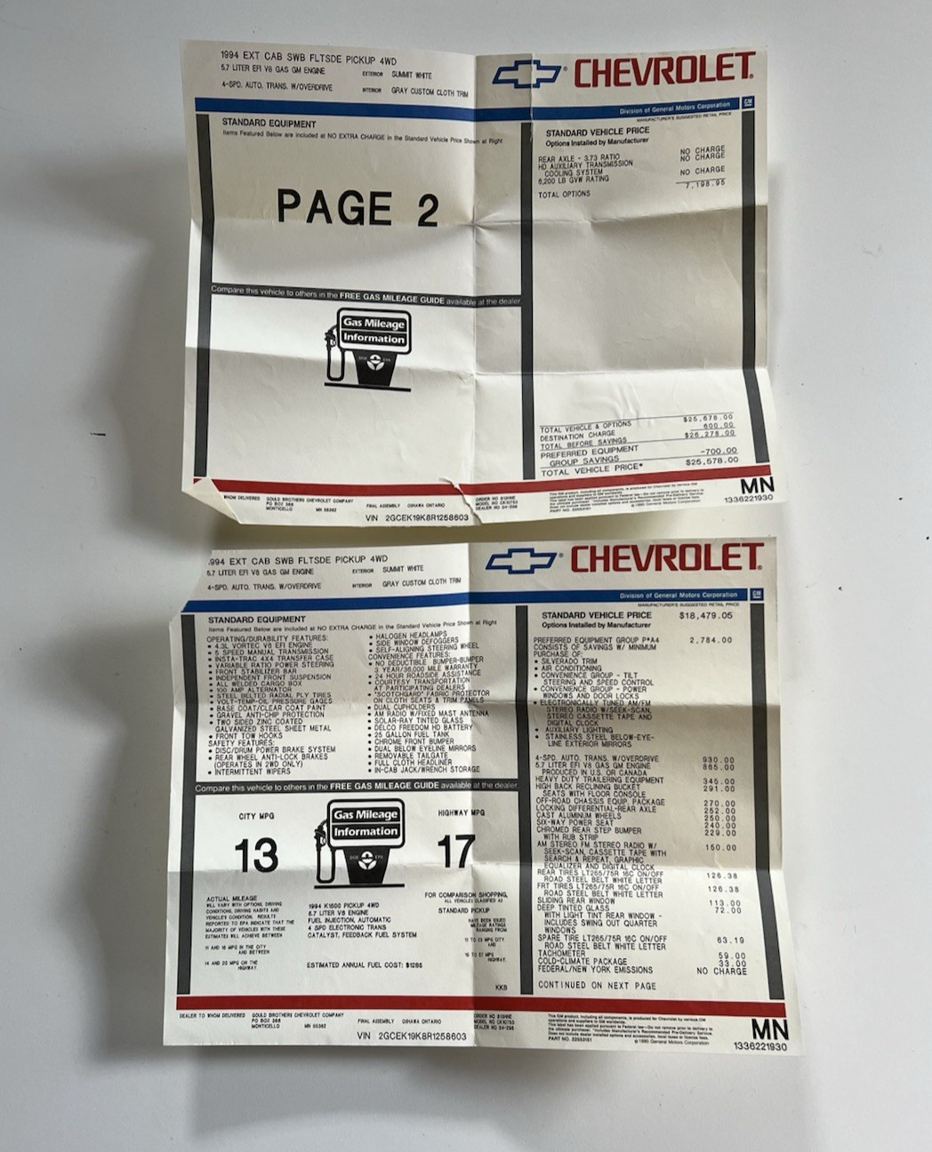 1994 EXT CAB SILVERADO 4X4 5.7 WHITE OFF ROAD CHEVROLET DEALER WINDOW STICKER