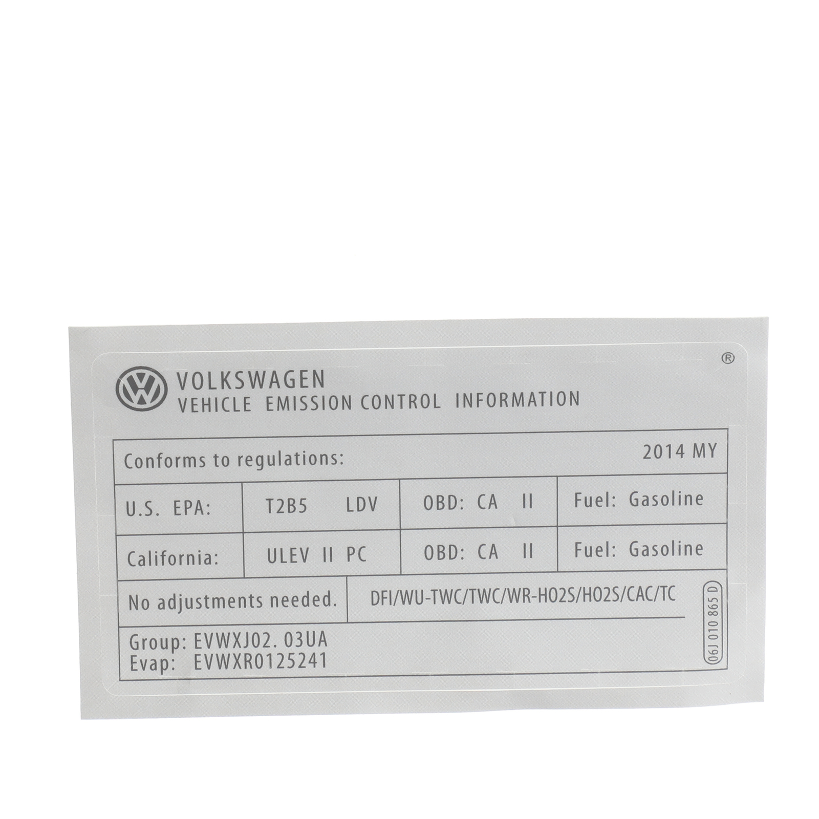 NEW OEM Volkswagen Emission Control Information Emission Label 06J-010-865-D