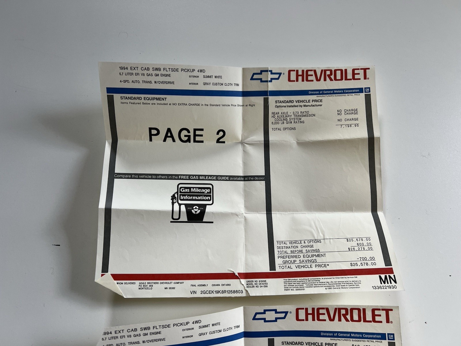 1994 EXT CAB SILVERADO 4X4 5.7 WHITE OFF ROAD CHEVROLET DEALER WINDOW STICKER