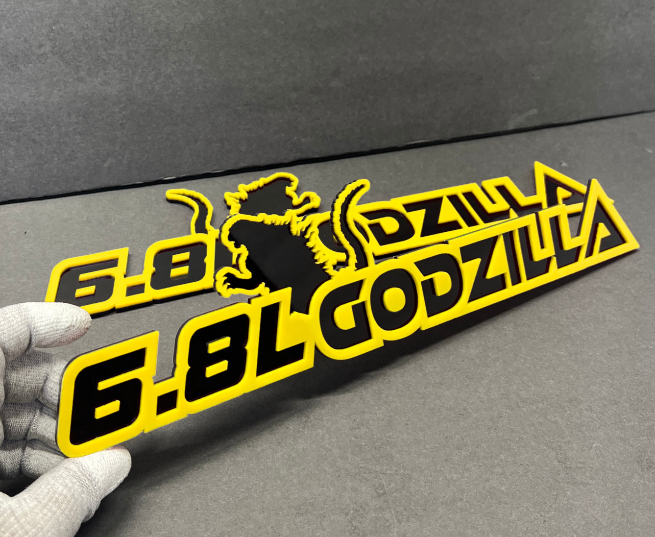 Godzilla Badges Emblem RAGING 6.8L Yellow/Black, 2 BADGES, Angry Fender 6.8L