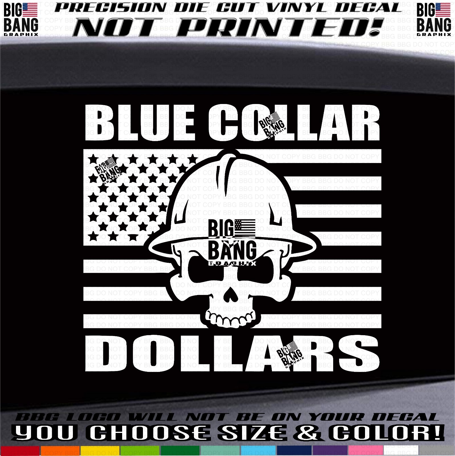 Blue Collar Skull USA Flag Decal Die Cut Vinyl Sticker Truck Toolbox American