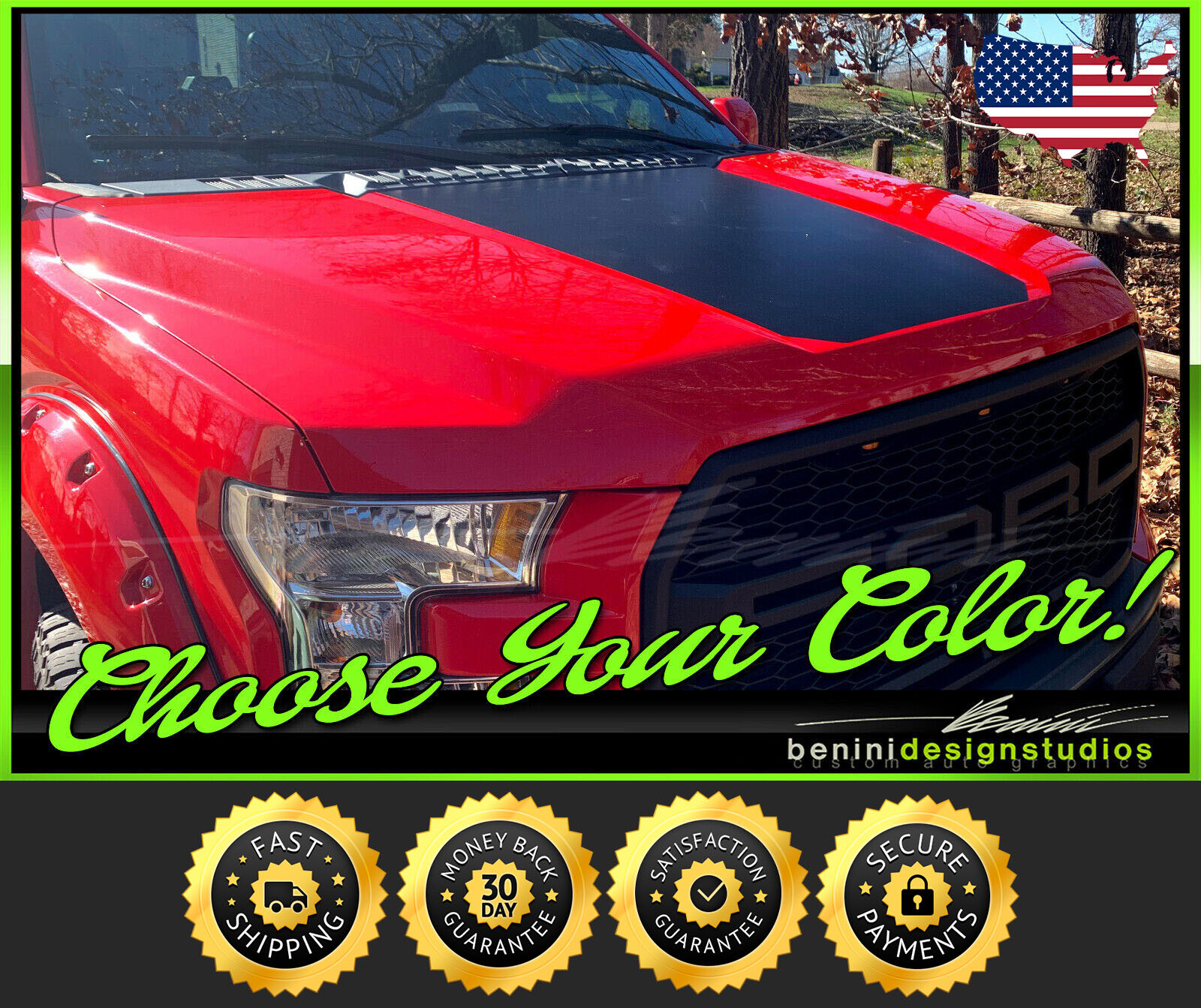Hood Black Out Stripe Graphics Racing Stripes – Fits 2015-2020 Ford F-150 F150