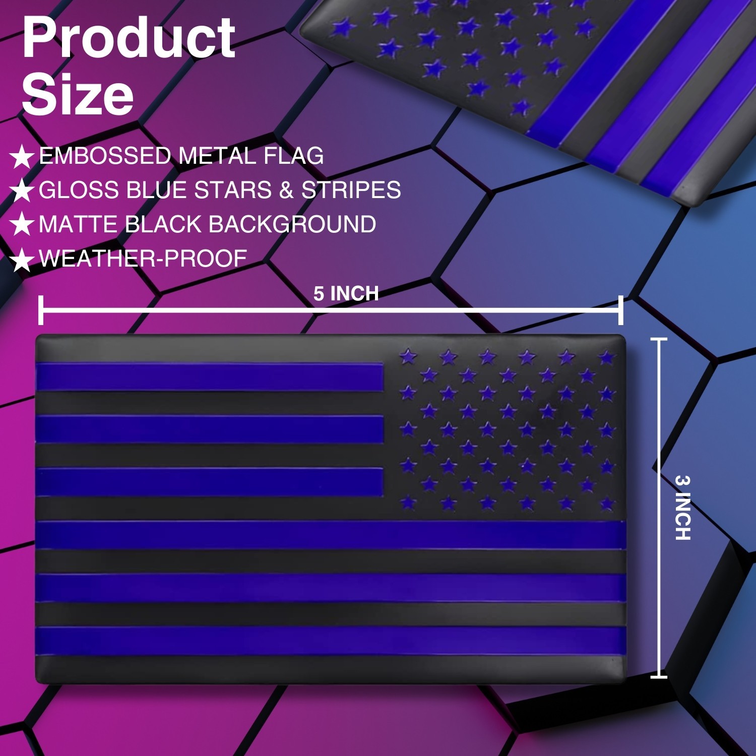 Embossed 3D Metal All Black and Blue American Flag Emblem Decal Stickers 1 Pair