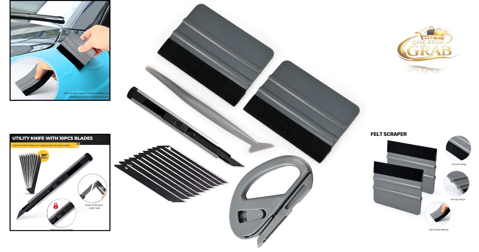Vehicle Vinyl Wrap & Window Tint Tool Kit with Felt Squeegee Utility Knife
