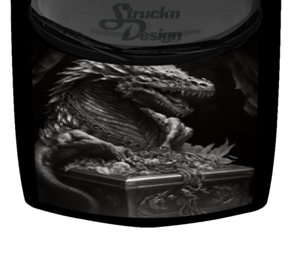 Grayscale Small Dragon Treasure Chest Hood Wrap Vinyl Graphic Decal 58″ x 65″