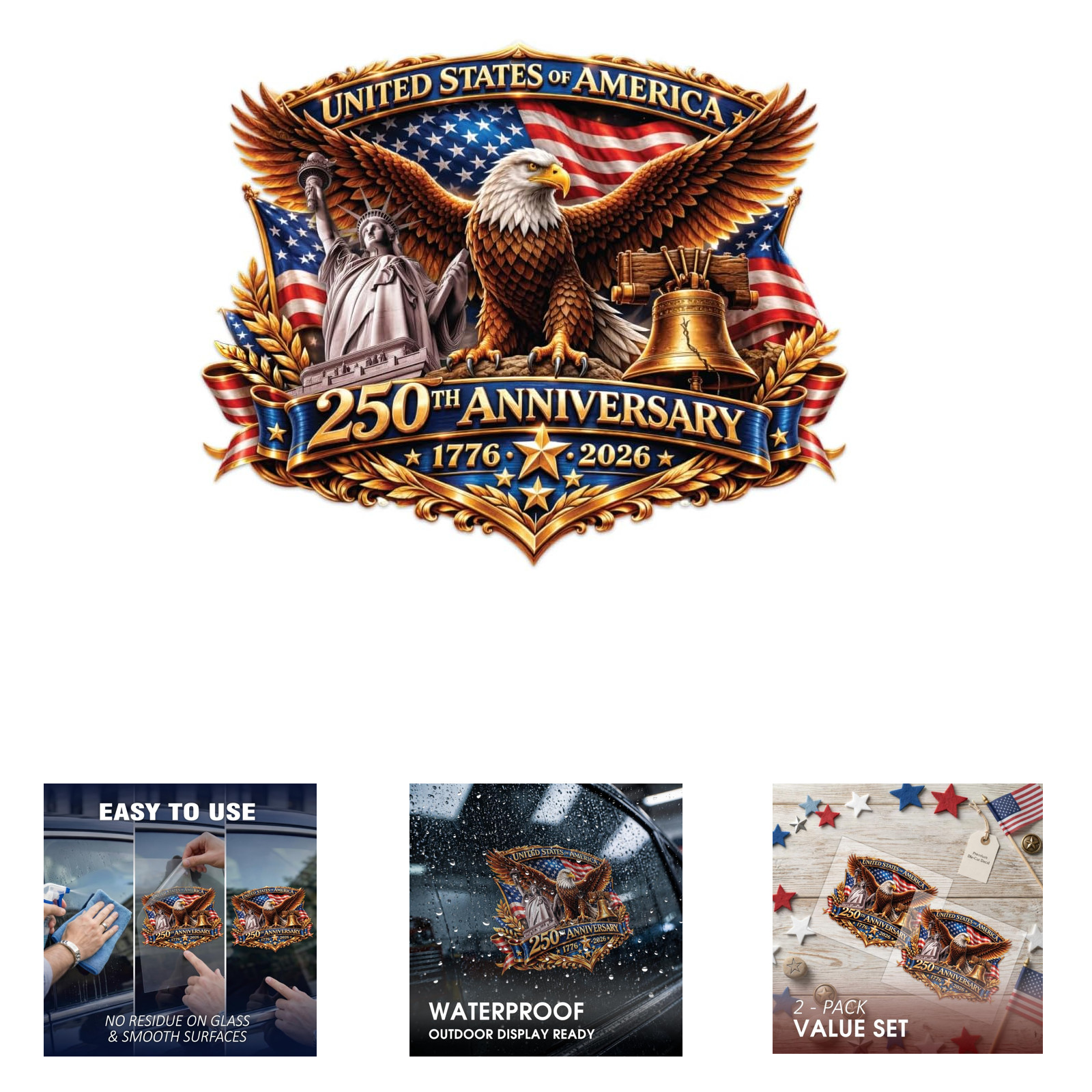 250th Anniversary USA Car Decal Sticker Patriotic Bald Eagle 1776 2026 Vinyl for