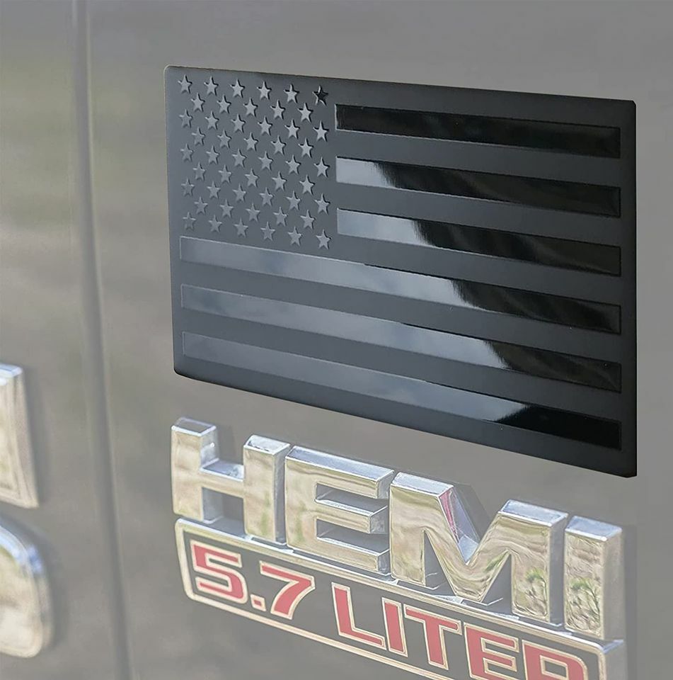 5″x 3″ American Black Metal Flag Fender Emblem Sticker Forward & Reverse Set