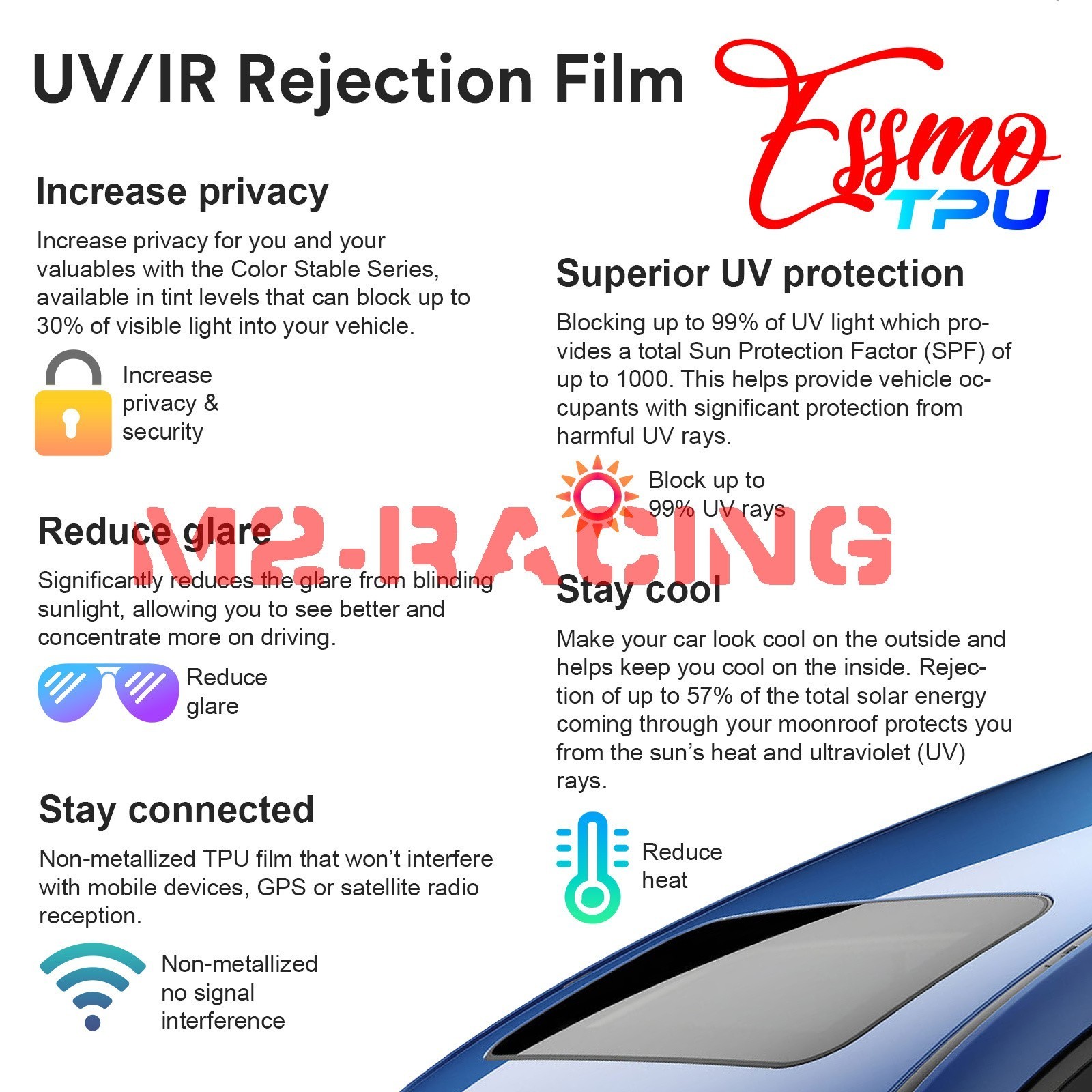 TPU Glass Sunroof Clear Bra VLT70% UV99% Block Windshield Sunshade Top Window