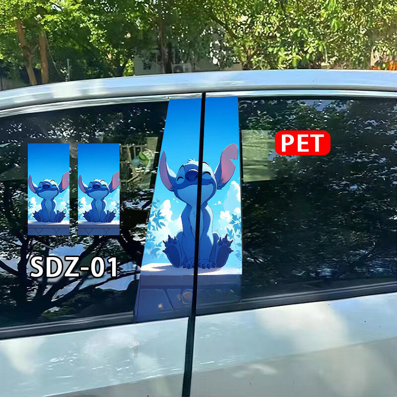 2pcs Blue Cute Stitch Car Center Pillar Sticker B-pillar Protective Film
