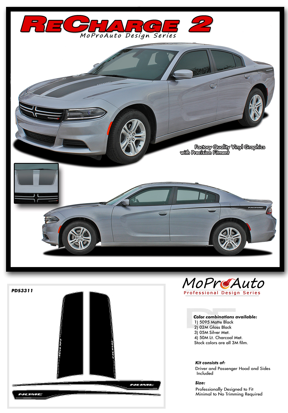 2015-2020 RECHARGE 2 for Dodge Charger Vinyl Graphics Hood Side Decals Stripes