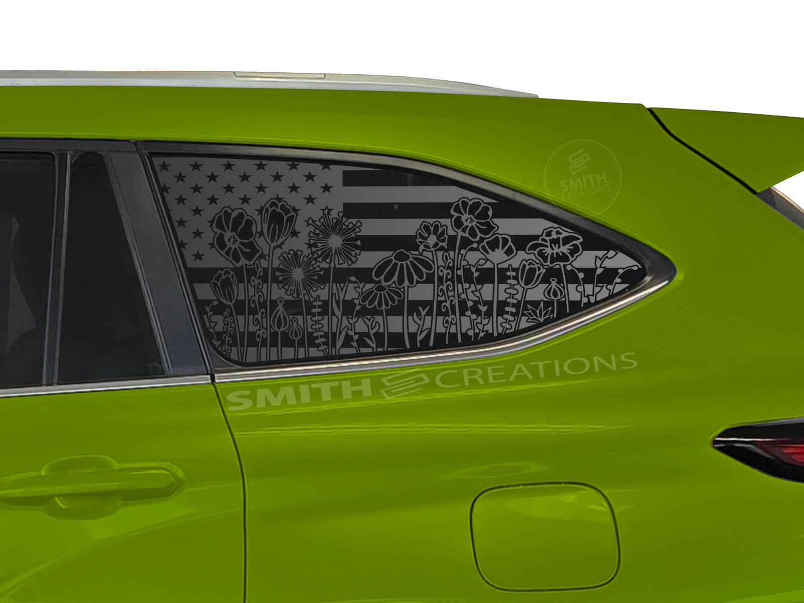 Fits 2020-25 Toyota Highlander Standard American Flag Flowers Decal BLACK VINYL
