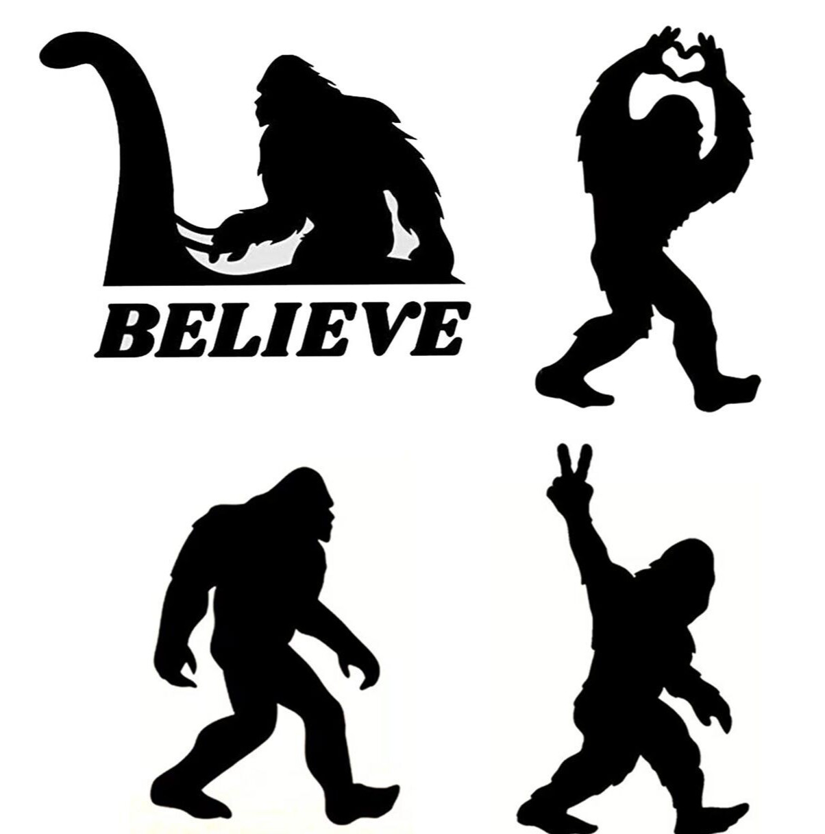 Believe Bigfoot Sasquatch Yeti Lochness Four 5″ Black Vinyl Decal Car Window