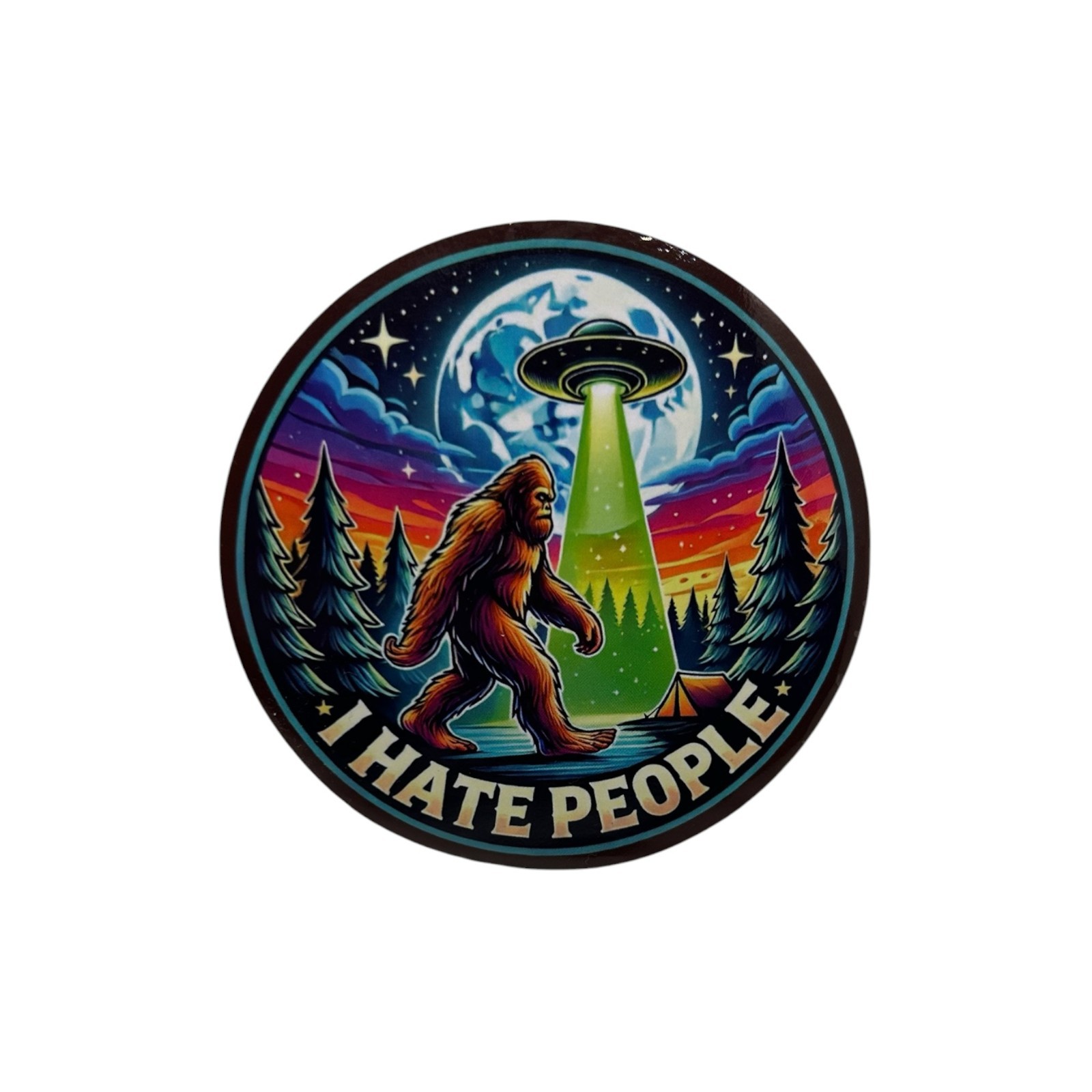 Bigfoot Hiking UFO Abduction Sticker – I Hate People Funny 4 Inch Round Vinyl De