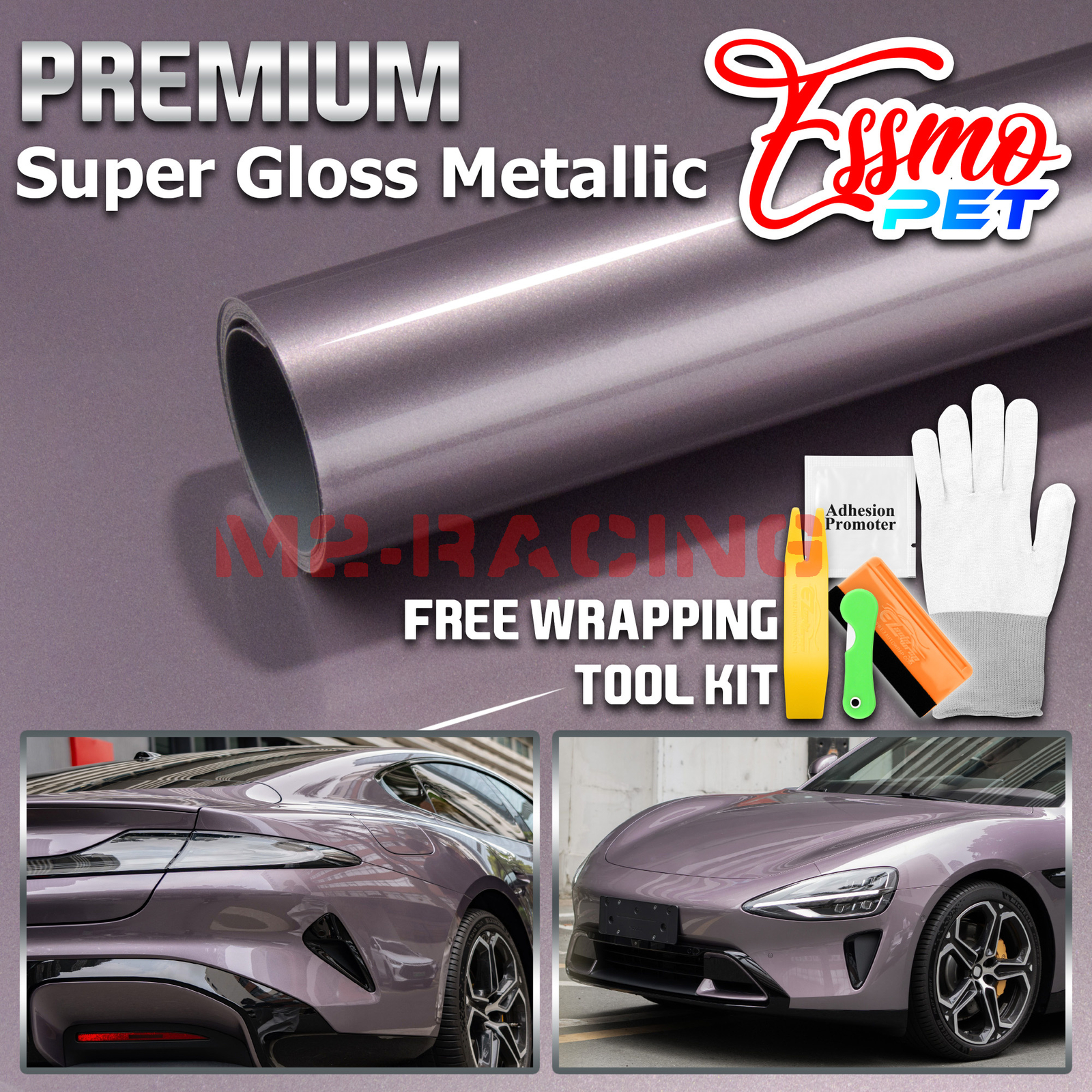 ESSMO PET Super Gloss Metallic Luminous Violet Vehicle Vinyl Wrap Decal Paint