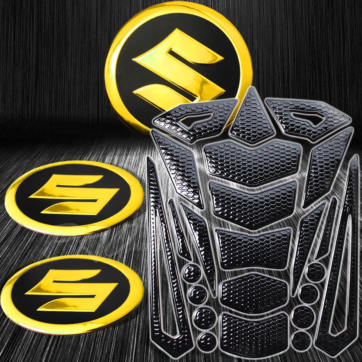 24PCs Black+Chromed Gold Fuel Tank Pad+2″ 3D Suzuki Logo Fairing Emblem Stickers