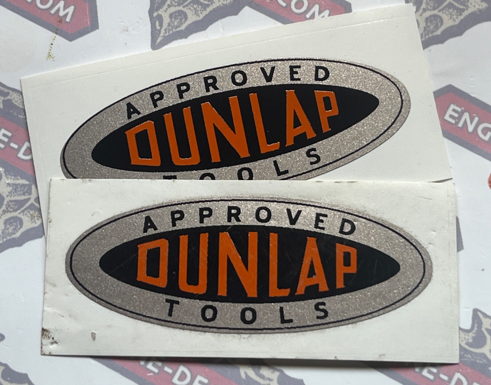 Dunlap Approved Tools Reproduction Vinyl decals Silver & Orange 2 1/8” Set Of 2