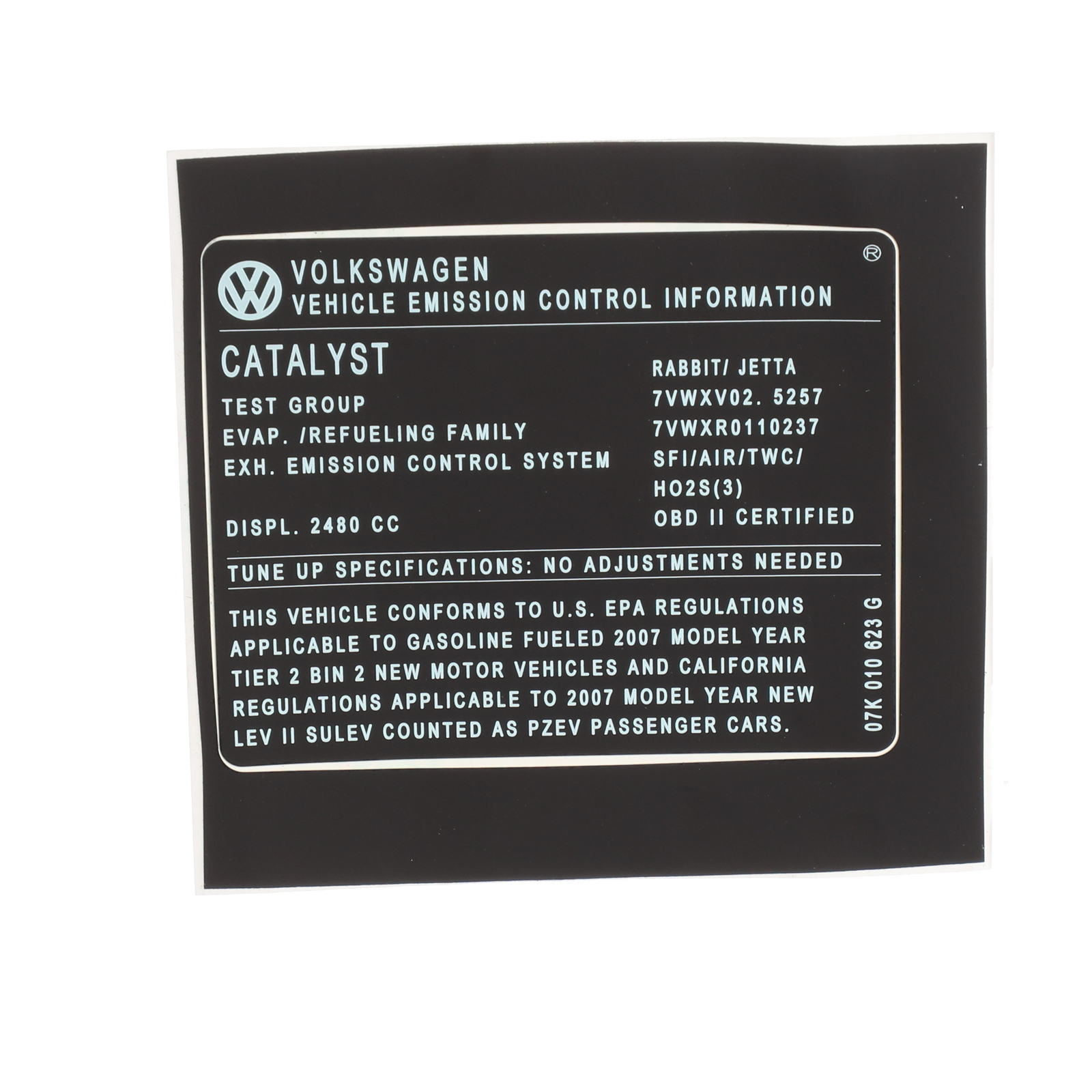NEW OEM Volkswagen Emission Control Information Emission Label 07K-010-623-G