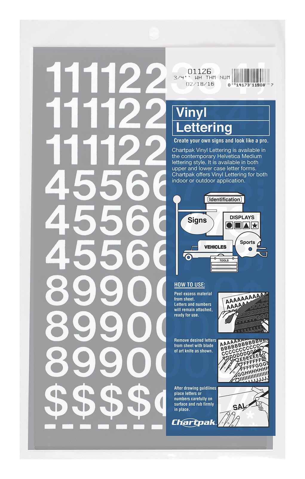 Chartpak Self-Adhesive Vinyl Numbers, 3/4 Inch 72 Count (Pack of 1), White