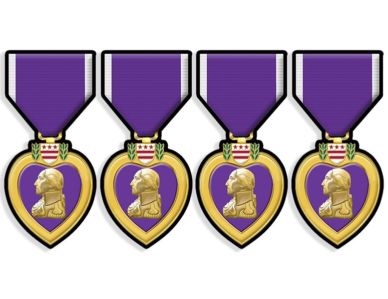 4-Pack: 3 inch Tall Purple Heart Medal Shaped Stickers (veteran vet vinyl decal)
