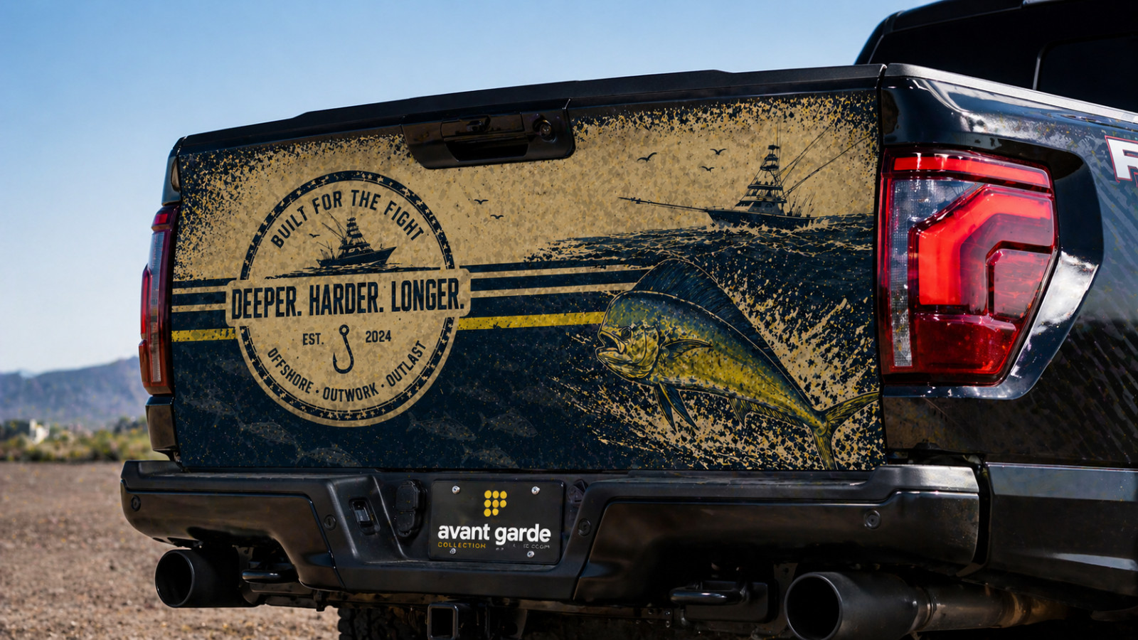 Deeper Harder Longer Dolphin Fishing Ocean Graphics Tailgate Vinyl Decal Wrap