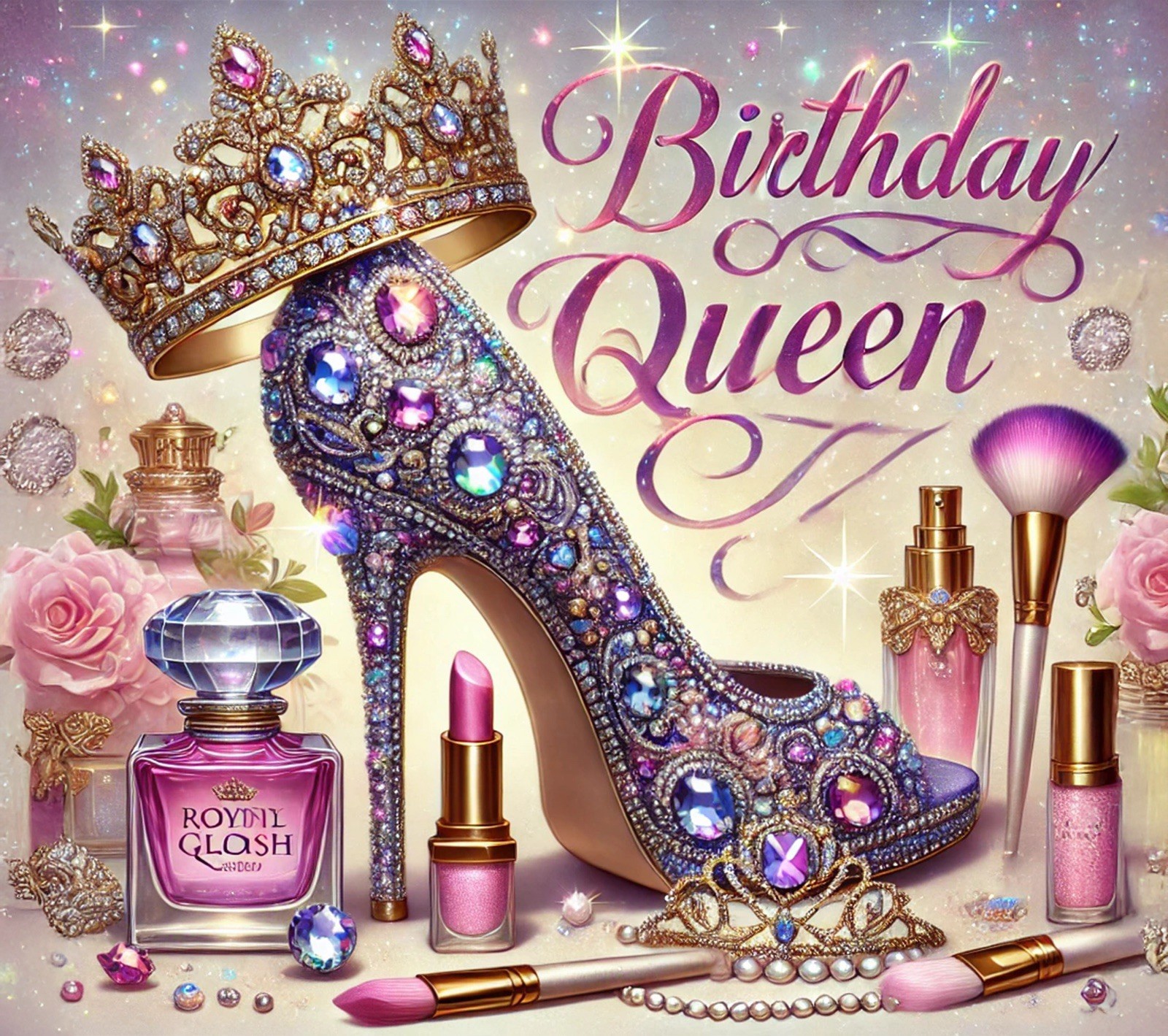 Birthday Sticker (3 Inch) Happy Birthday Queen Glam Glitter Shoe Makeup Crown !