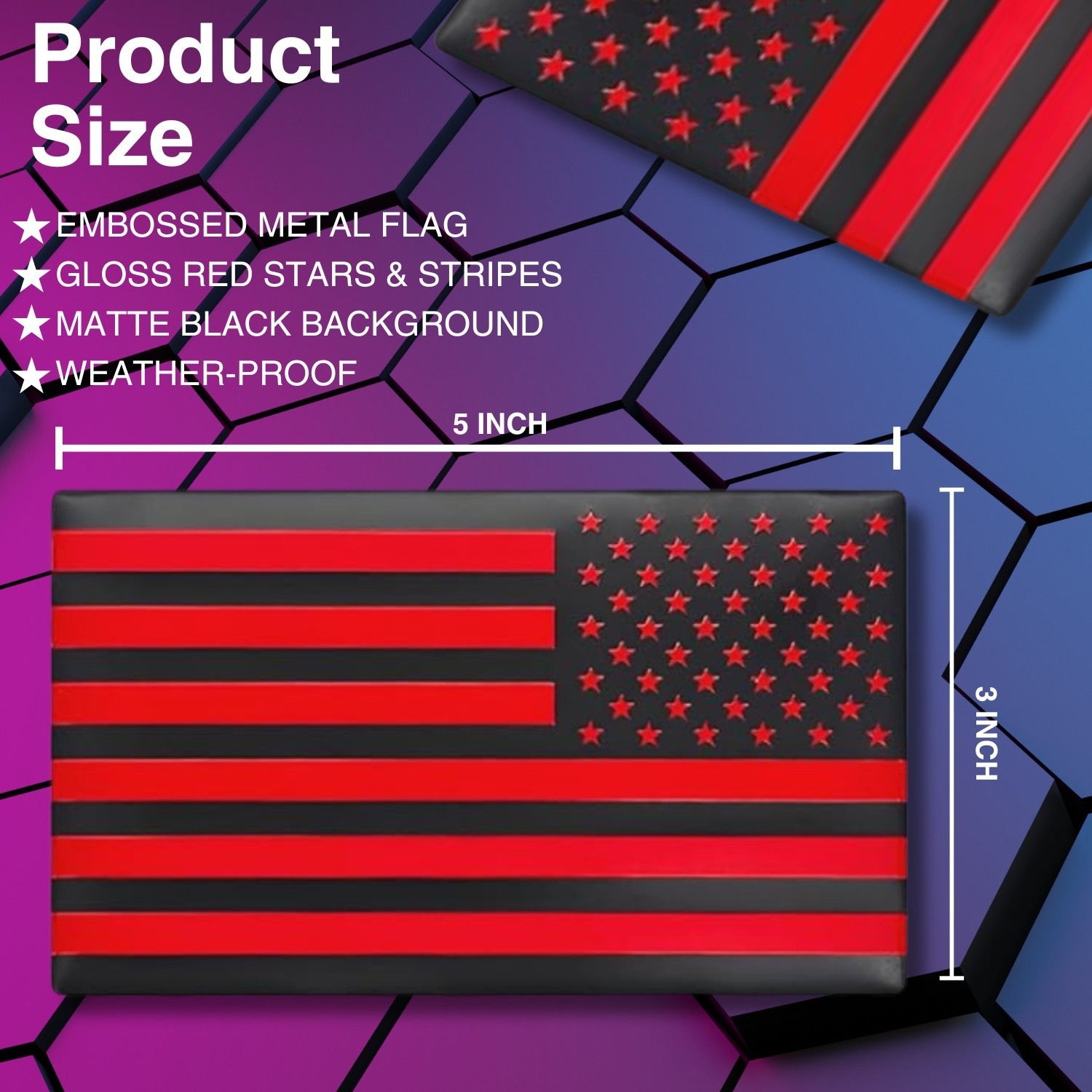 Embossed 3D Metal All Black and Red American Flag Emblem Decal Stickers Set of 3