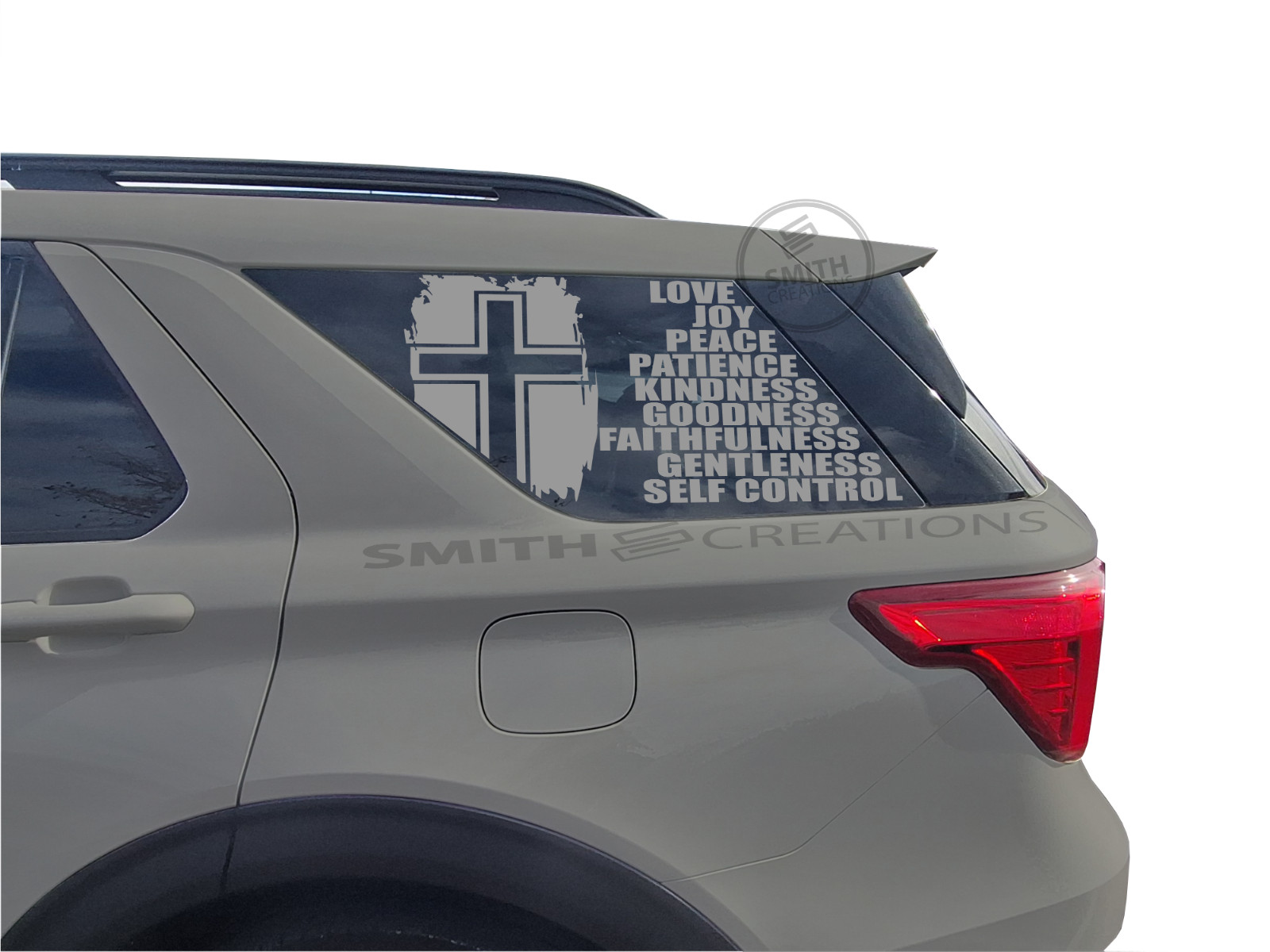 Fits 2020-2026 Ford Explorer Rear Side Fruits of the Spirit w/ Cross Vinyl Decal