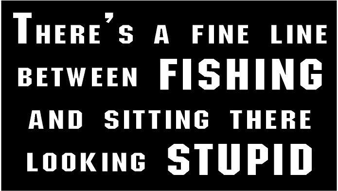 WHITE Vinyl Decal – Theres fine line fishing sitting looking stupid sticker fun
