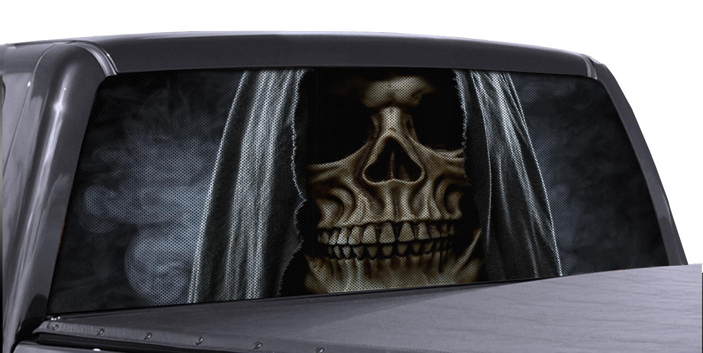 FGD Truck Rear Window Reaper Skull Perforated Vinyl Wrap Universal