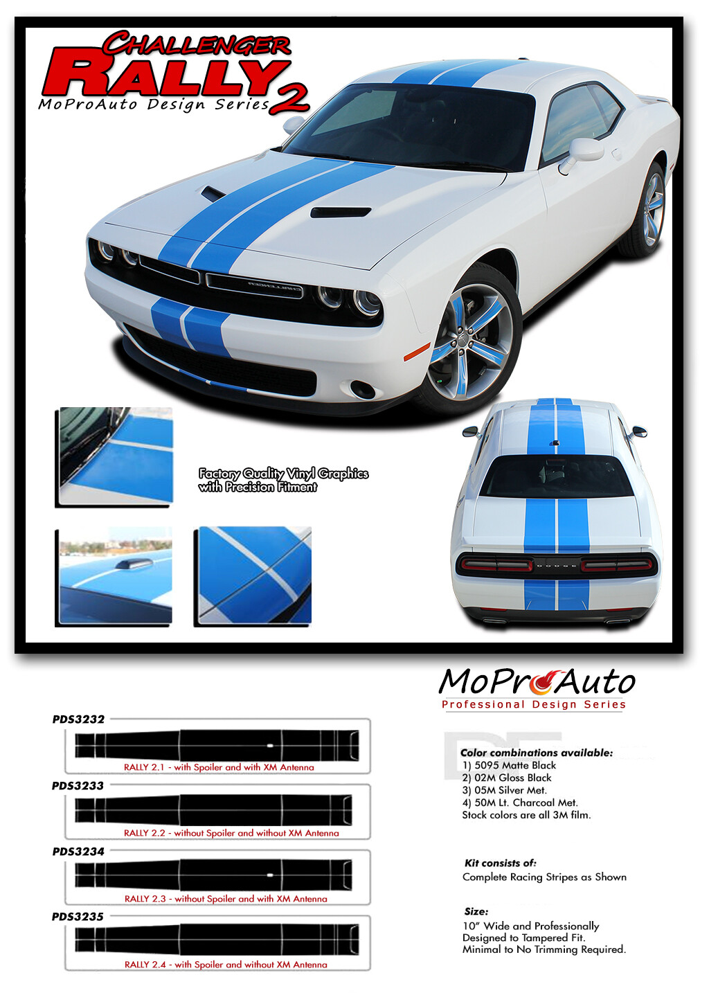 2015-2023 for Dodge Challenger Racing Stripes Rally Hood 3M Graphics Kit Decals