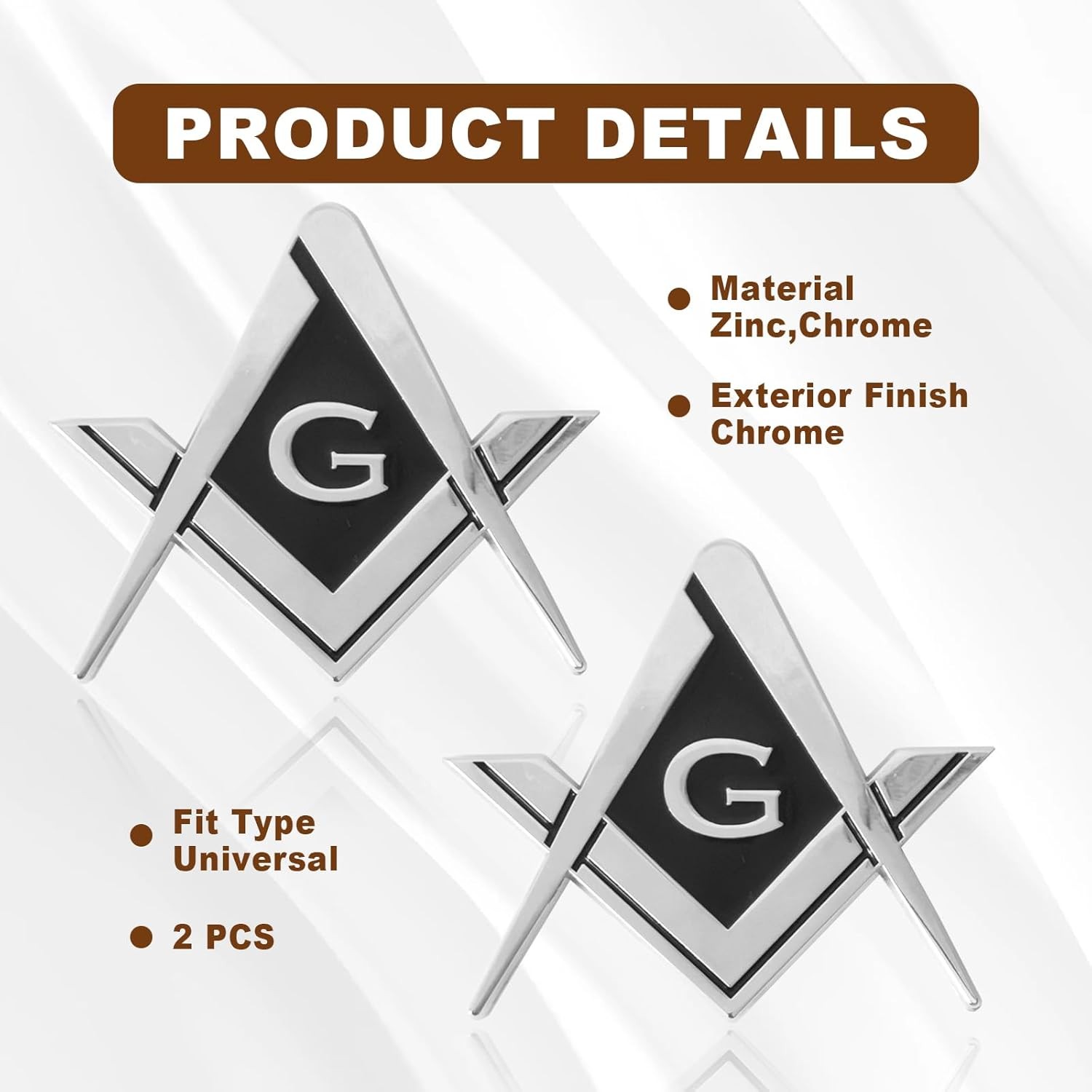 2Pcs Masonic Car Emblem 2.75″ Compass Auto Truck Metal Decal, Mason Silver